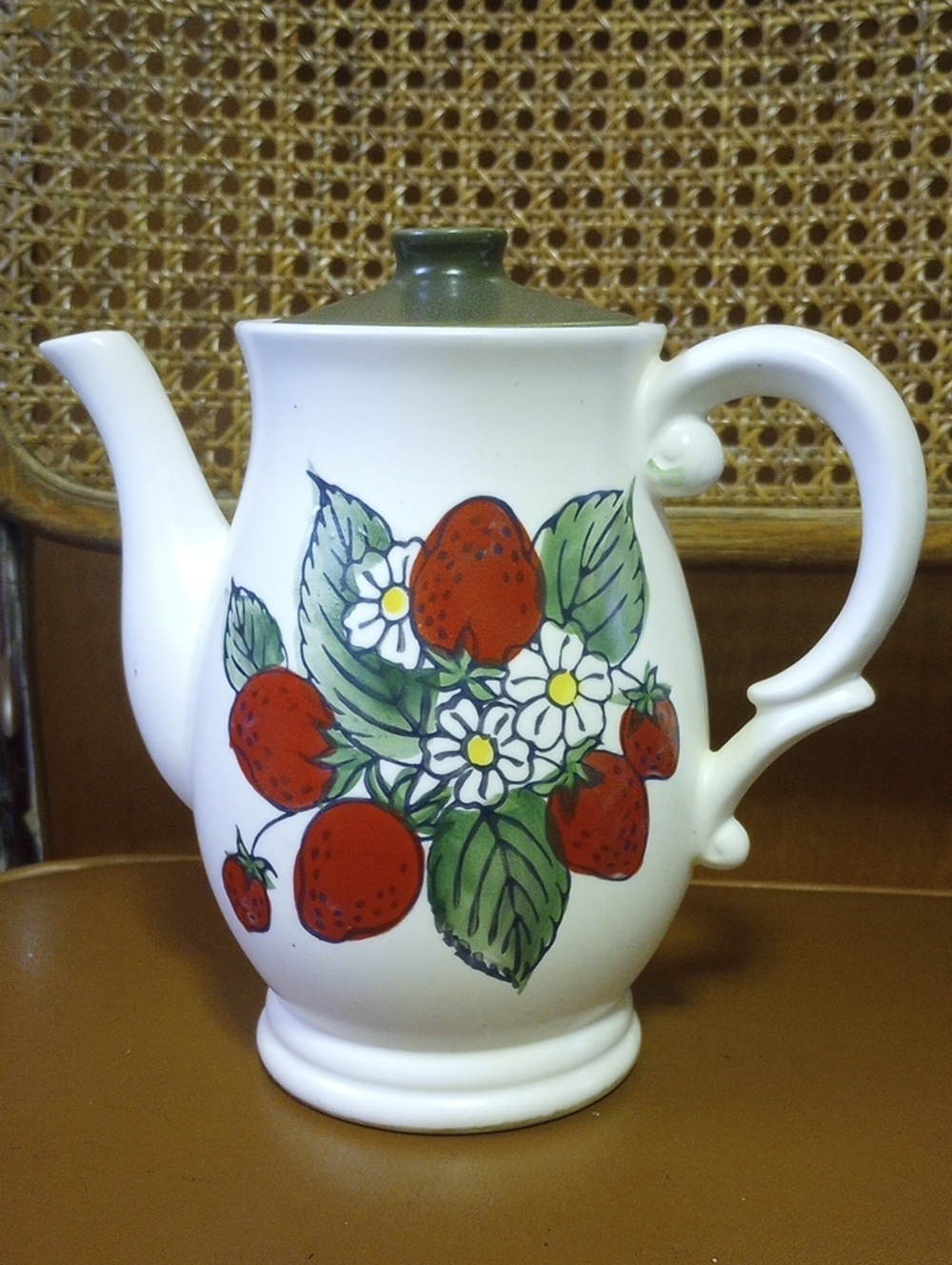 Strawberry & Floral Vintage Painted Pottery Teapot. White Red Green Yellow